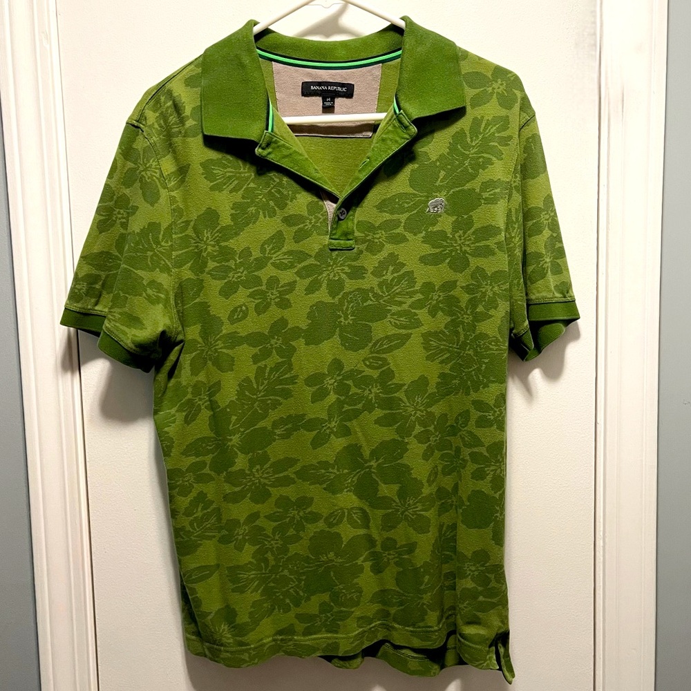 Banana Republic Green Hawaiin Floral Men's Medium Short Sleeve Polo Shirt